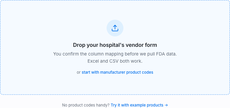 The on-ramp: drop a vendor form or paste product codes