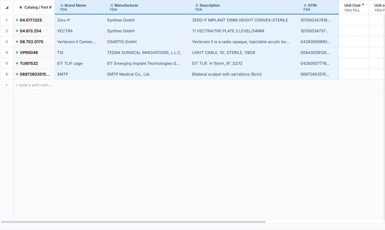 The grid with FDA fields auto-filled and locked