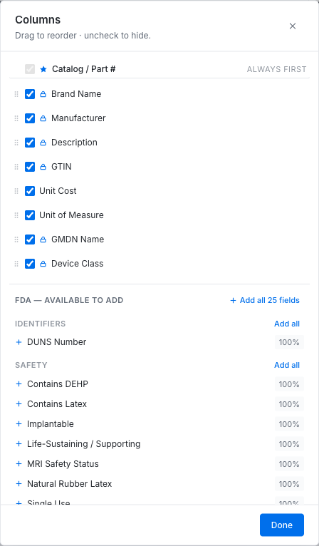 Choosing columns: your fields plus FDA fields to add